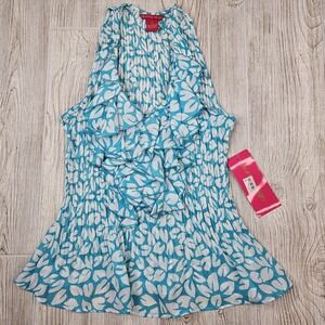Sunny Leigh Blouse Womens Medium Blue White Ruffle Pleated Sleeveless‎ Top NWT